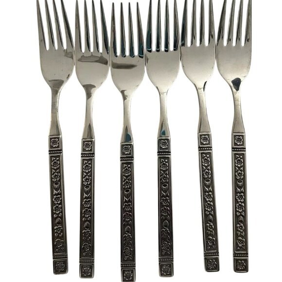 Oneida Coliseum Dinner Forks 6 Set Stainless Steel 7.25" Floral Black Textured - Picture 1 of 5